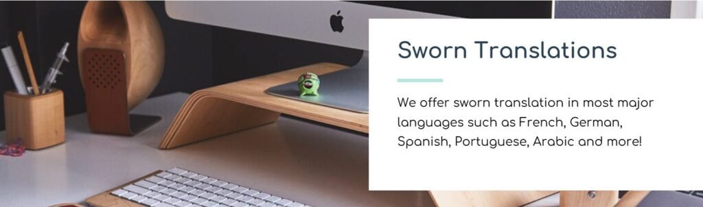 Professional sworn translation services in the UK illustration showing dictionary, courthouse symbol, and language translation icons to promote certified and sworn translators across Britain.