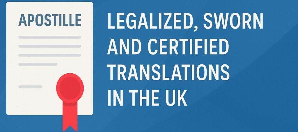 Banner showing legalised, sworn and certified translation services in the UK with apostille certificate and red seal