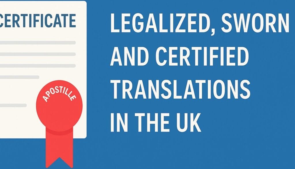 Illustration of UK apostille certificate with ribbon for certified, sworn and legalised translations abroad