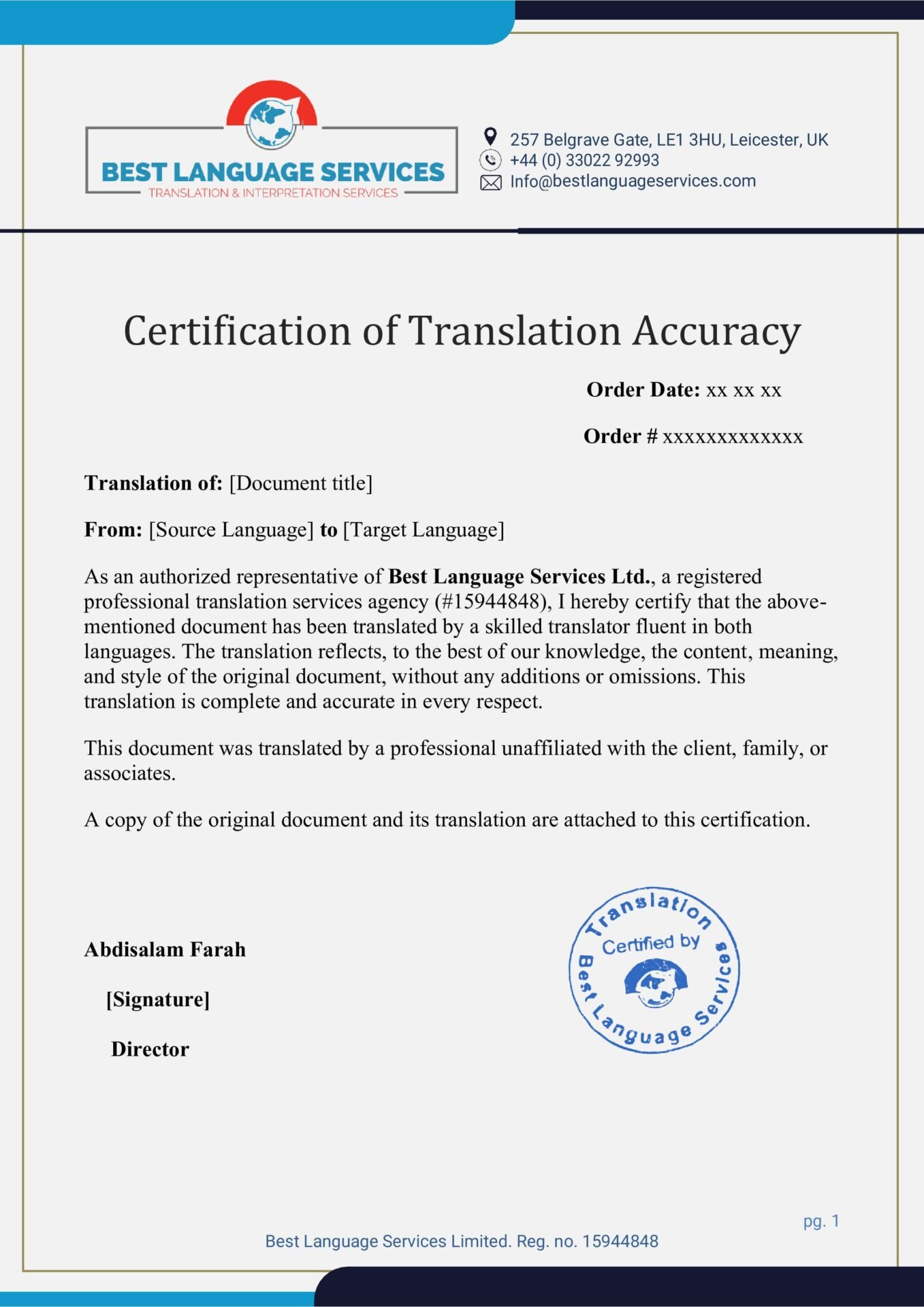 Certified Translation Services Sample by Best Language Services Ltd.