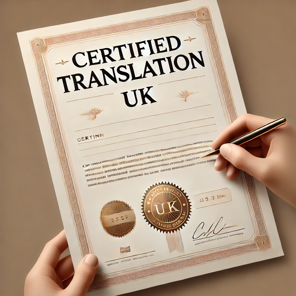 Certified translation sample showcasing a document titled 'Certified Translation UK' with a gold seal, elegant borders, and a hand signing the certificate.