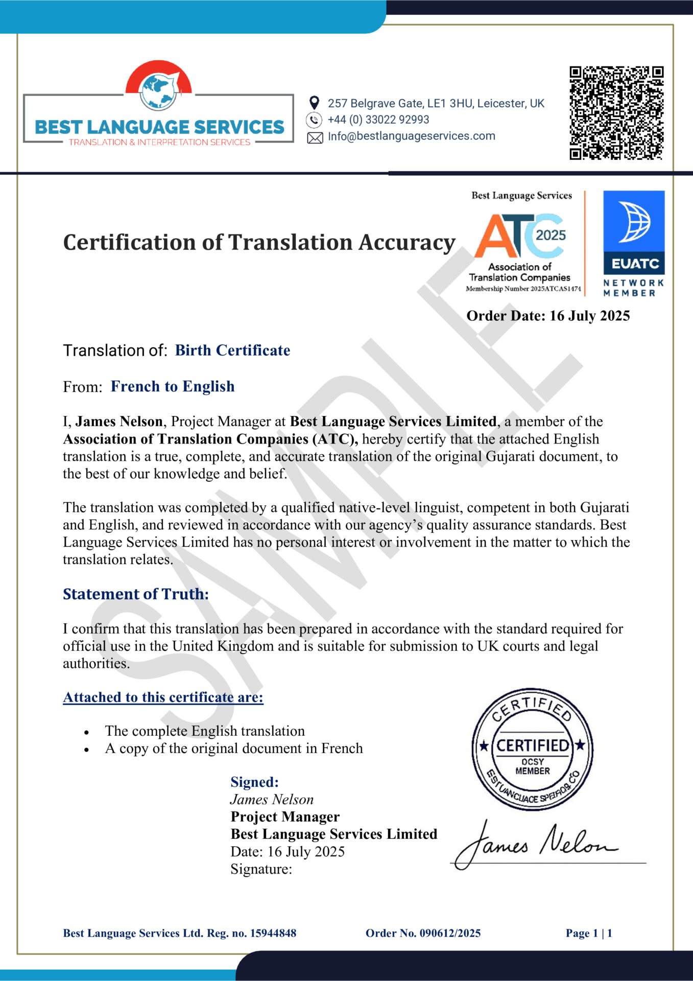 Birth Certificate Translation Sample-16July2025 Certified translation sample by Best Language Services Ltd for legal use in the UK, showing official translation format accepted by UK authorities.