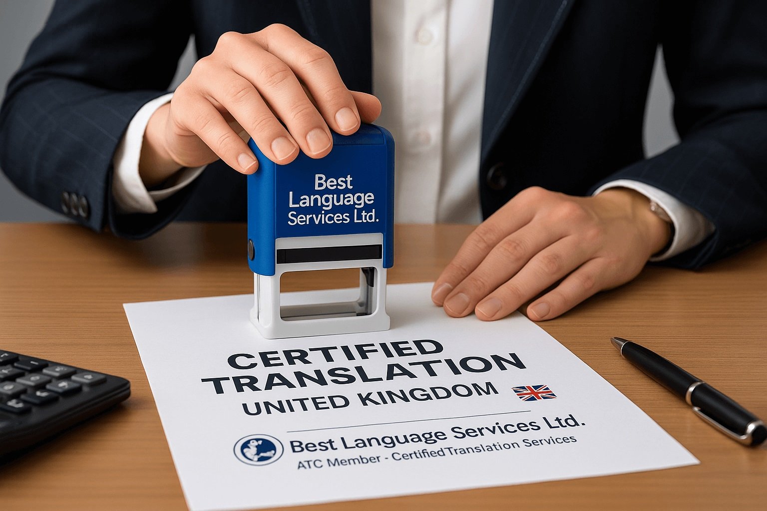 Professional certified translation services in the UK - Best Language Services Ltd. translator stamping official document