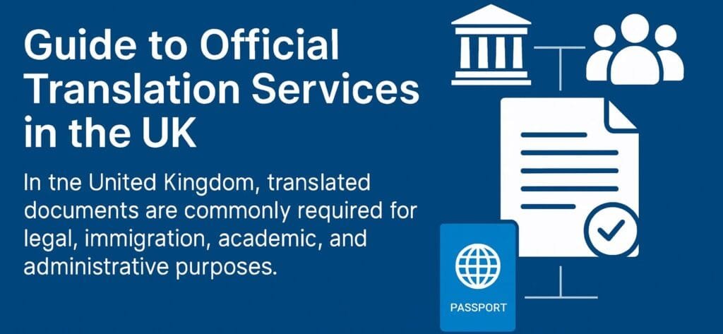 Banner showing "Guide to Official Translation Services in the UK" with icons representing certified, legal, immigration, and academic translation services accepted by UK authorities such as UKVI, courts, and embassies.