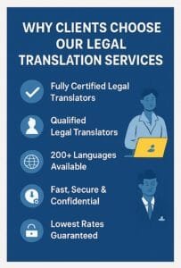 Graphic showing key benefits of legal translation services, including certified translators, 200+ languages, fast turnaround, confidentiality, and lowest rates, representing Best Language Services UK.