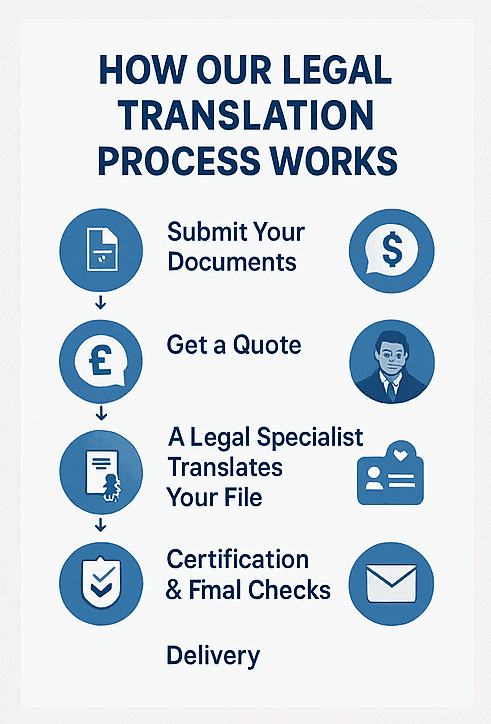 Illustration of certified legal translation documents with stamps and signatures, highlighting Home Office, court, and immigration acceptance by Best Language Services Ltd.